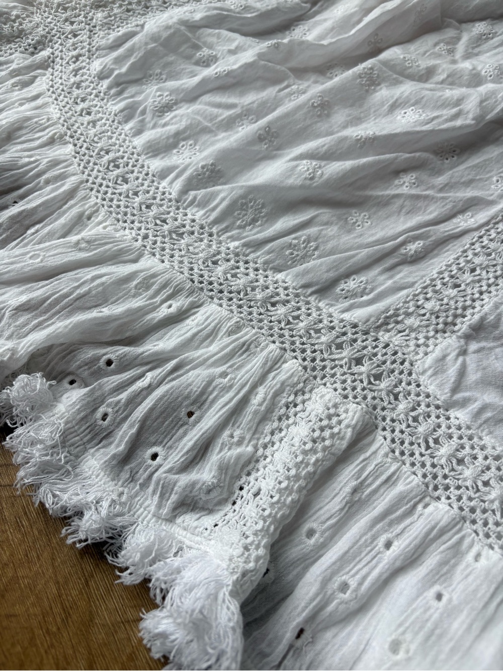 blue island White Boho Eyelet Crochet Trim Off-Shoulder Swim Coverup. Size Large - Picture 8 of 10